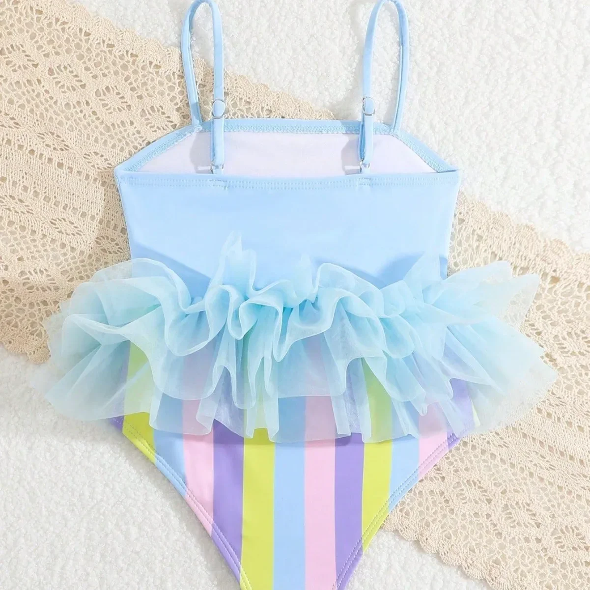 Europe And The United States Hot Selling Children's Swimsuit Mesh Ruffle Cute Girl Rainbow Printed Swimsuit One-Piece Bikini