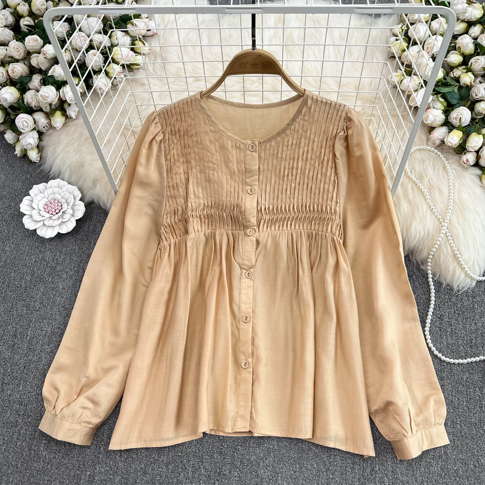 

Autumn New Literary Round Neck Bubble Long-sleeved Single-breasted Pleated Loose Shirt Top Women