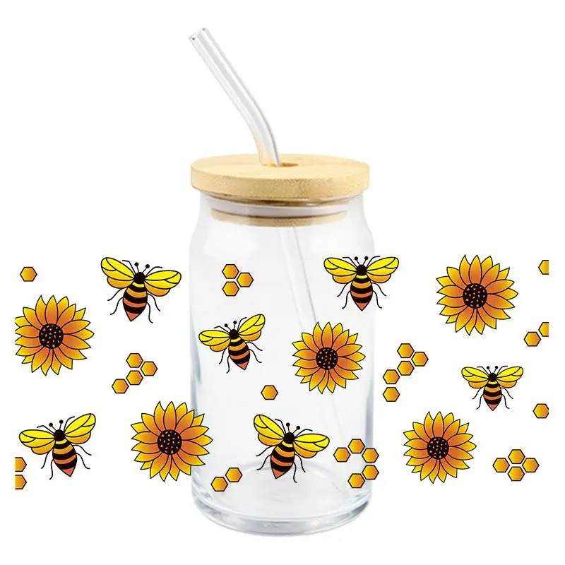 Cartoon Bee UV DTF Wrap Transfer Stickers Waterproof DTF Wrap For Glasses Cups Bottles Mugs Decal Easy To Use