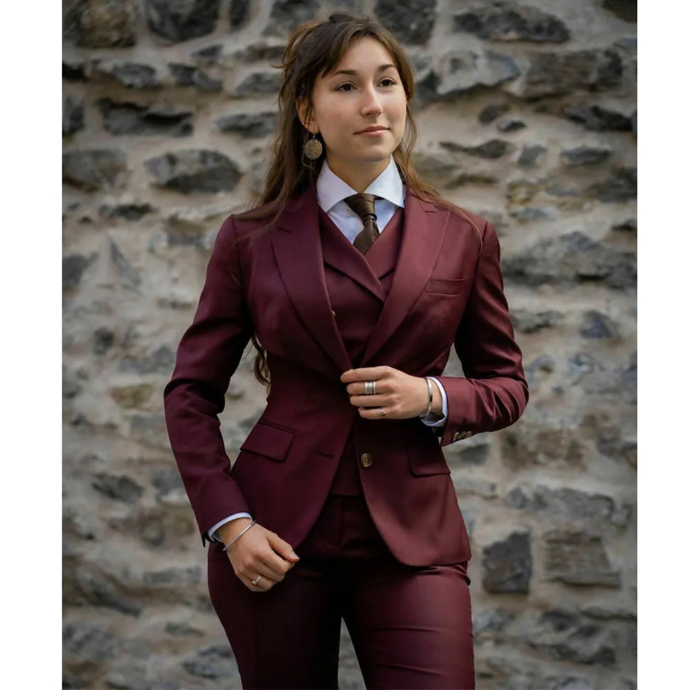 Commuter Formal Suit Women's 3 Piece Workwear Burgundy Blazer Pants Set Double Breasted Vest Lady Suits