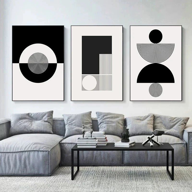 

Abstract Modern Art Geometrical Shapes Poster, Canvas Painting, Black and White Wall Art for Living Room, Home Decoration Mural