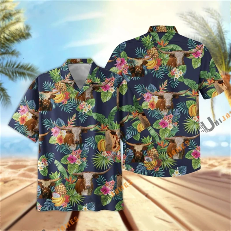 

Animel Cow 3D Hawaii Print Summer Man Shirt For Men Casual Fashion Short Sleeve Button Lapel Tops Tees High Quality Male Shirts