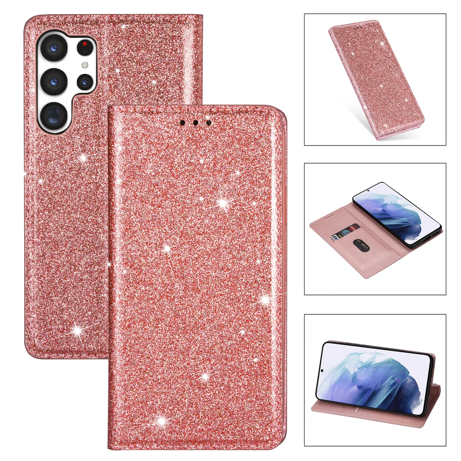 Cute Glittering Wallet Card Slot Phone Case with Strong Magnetic Book Cover