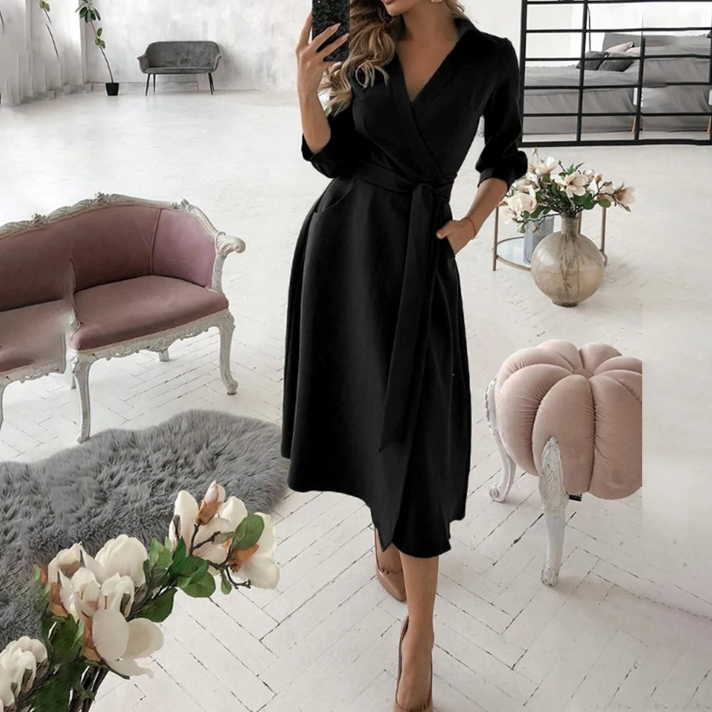 

Womens Long Sleeve Floral Midi Dress Lace Up Belted V-Neck Solid Wrap Dresses Fashion Printed Buttocks Waistband Female Dresses