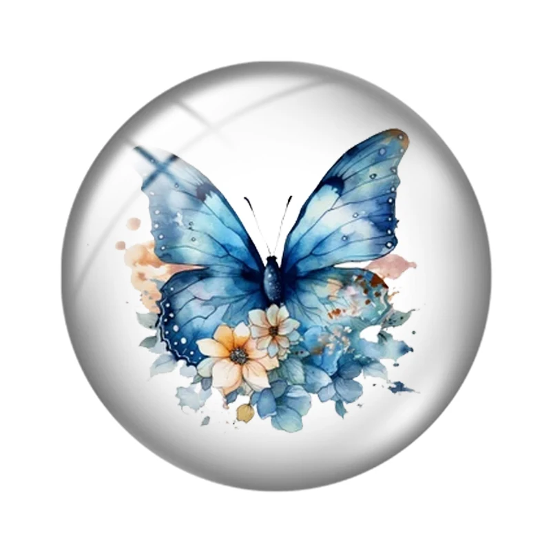 Blue Butterfly Floral Round Photo Glass Cabochon Set - 10pcs Flat Back Embellishments