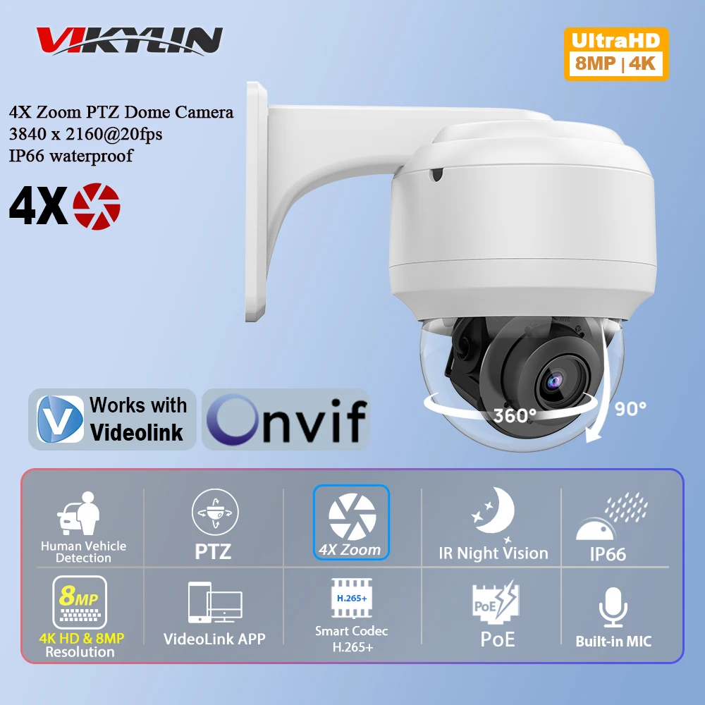 Vikylin Hikvision Compatible 4K 8MP 4x Optical Zoom PTZ IP Camera onvif Outdoor Dome CCTV Video Surveillance POE Security Camera