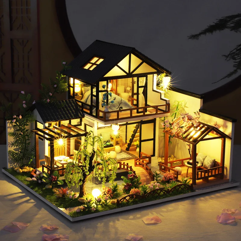 Big Wooden Dollhouse Kits With Furniture Light Casa Diy Roombox Doll ...