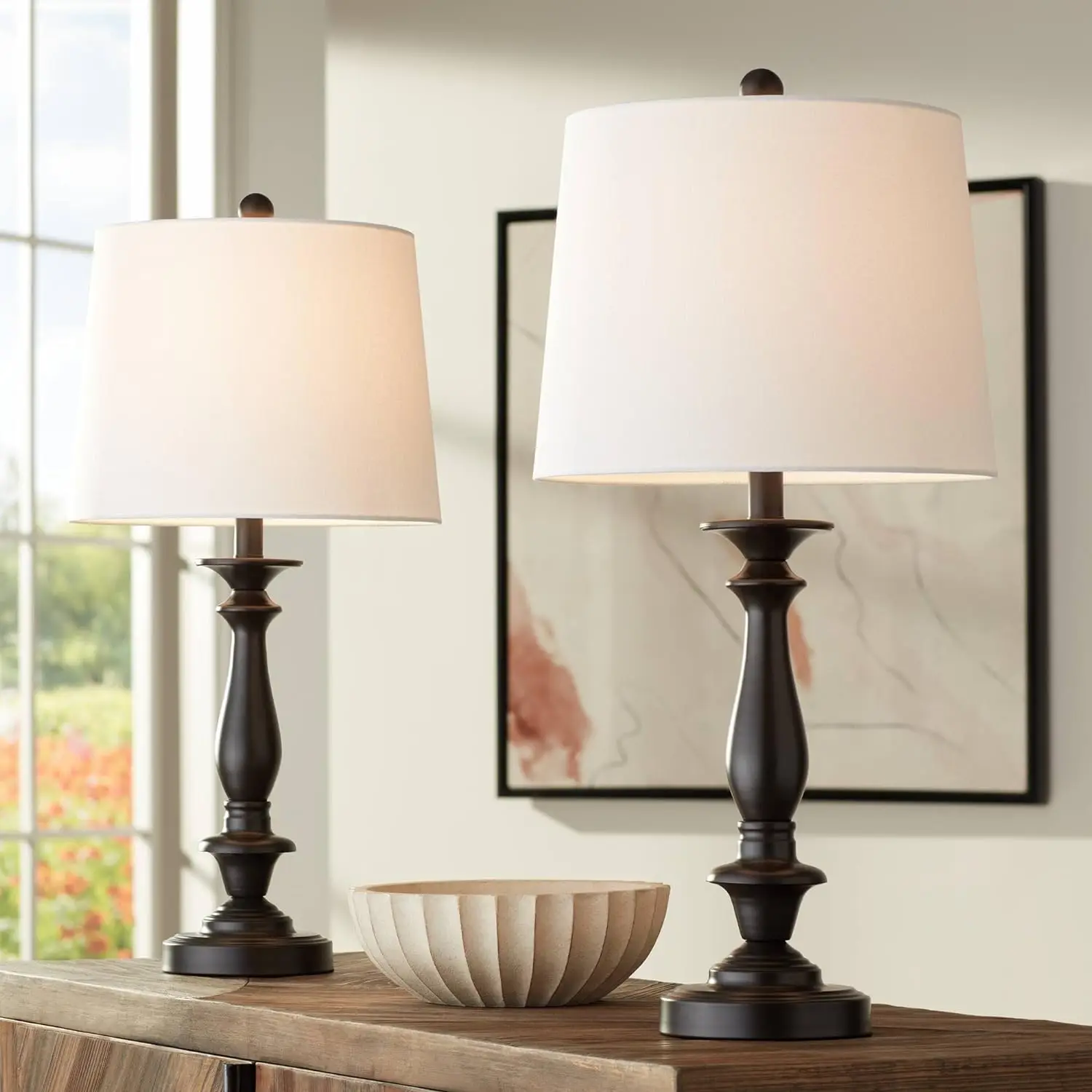 

Percy Traditional Table Lamps 26" Tall Set of 2 Dark Bronze Brown Metal Candlestick White Tapered Drum Shade for Bedroom Liv