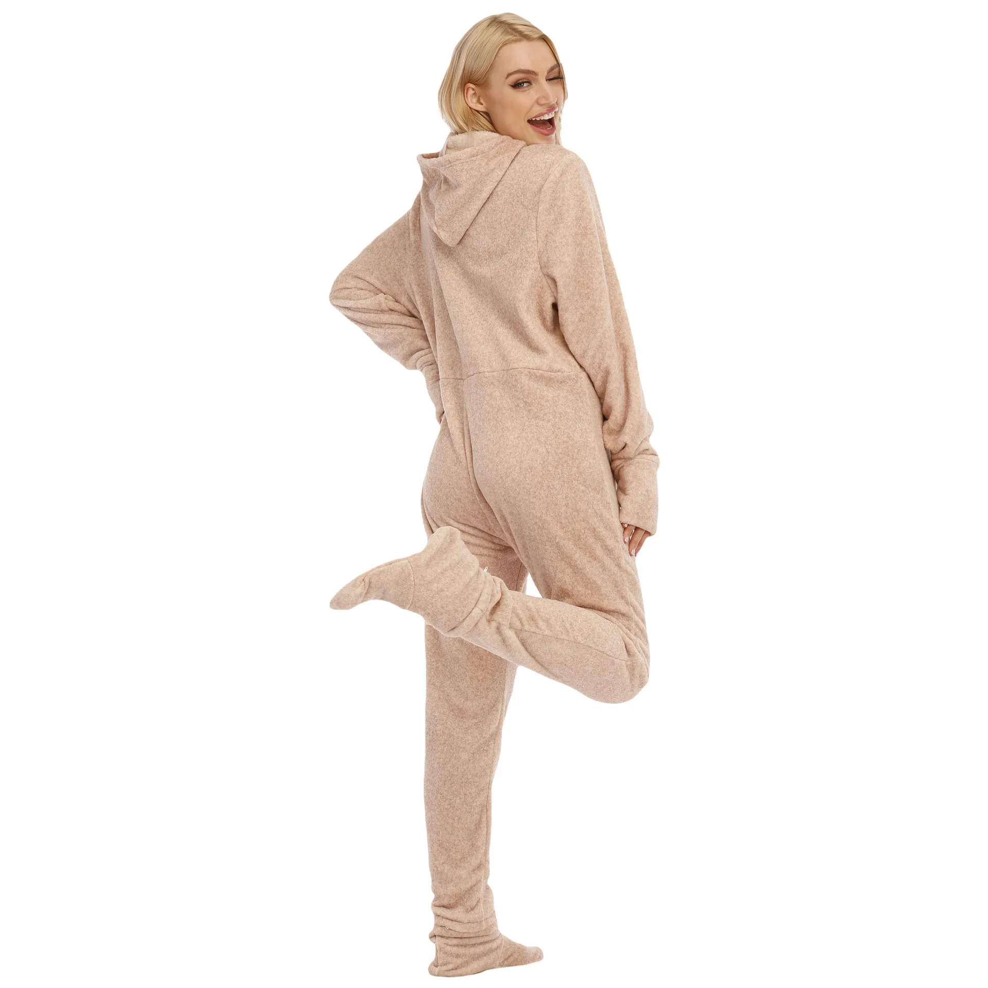 Solid Color Flannel Long Sleeve Onesies Casual Comfortable Zipper Women Homewear Soft Jumpsuit Pajama