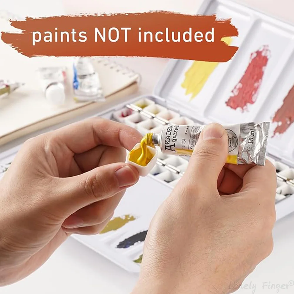 52개의 빈 반 팬과 1개의 물 펜이 포함된 금속 수채화 주석 상자 - 접이식 혼합 트레이 - 휴대용 여행용 수채화 팔레트