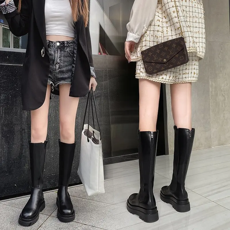 

Женские зимние сапоги до колена на молнии из искусственной кожи, модная Нескользящая Водонепроницаемая женская обувь на толстой подошве, длинные сапоги