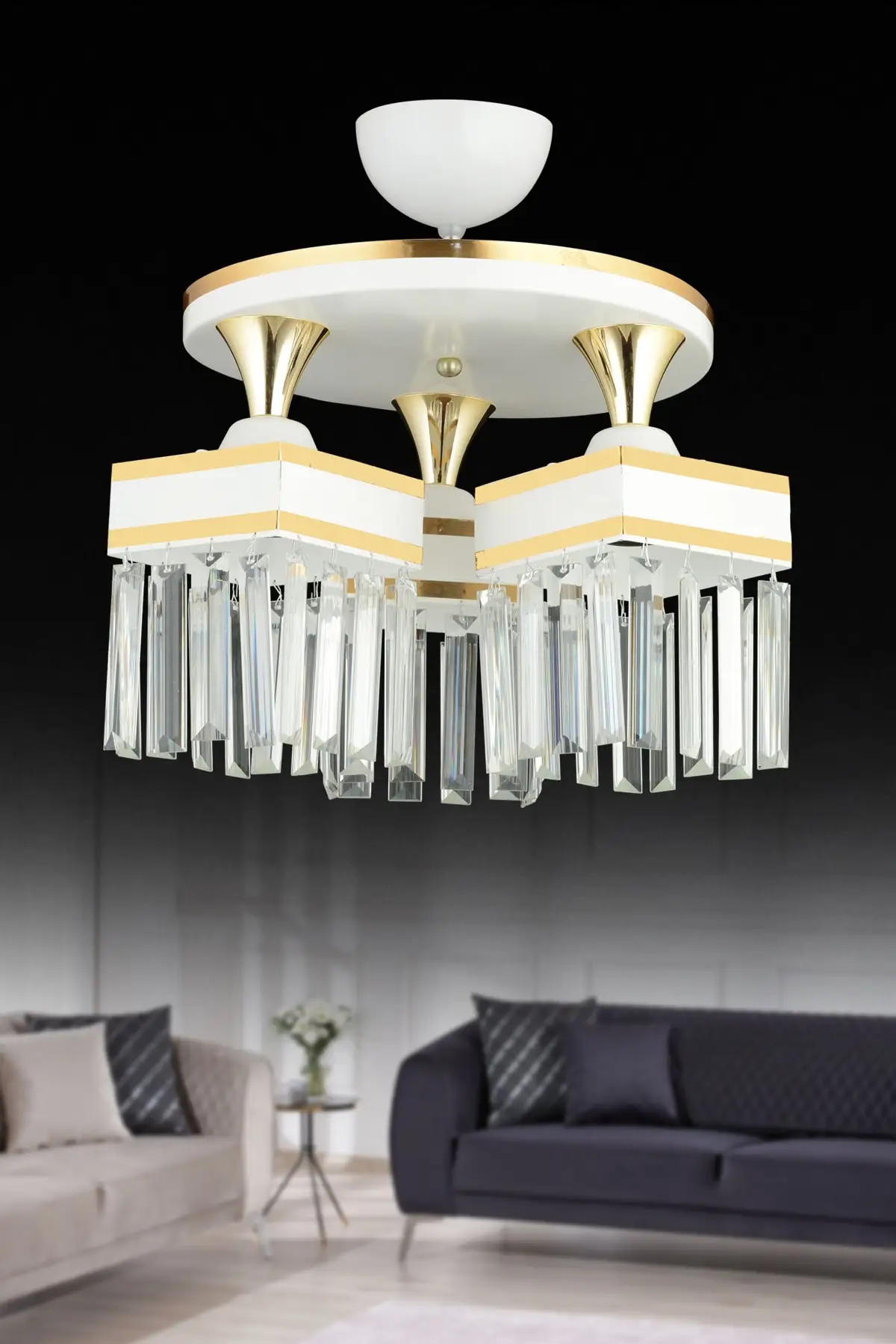 White tray square down luxury chandelier with yellow stripe square square down overlooking yellow striped