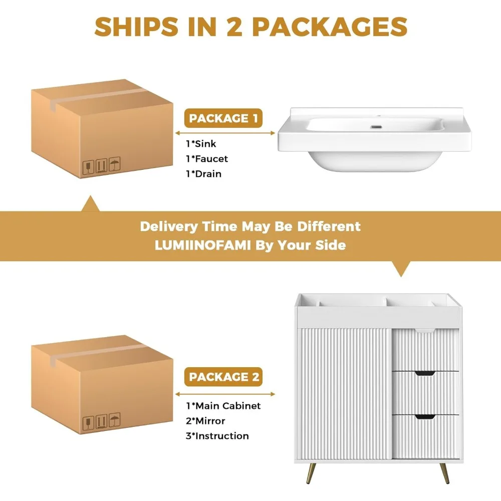 Bathroom Vanity with Sink, 31'' White Bathroom Sink Cabinet with Glide Door and 3 Drawers, Ceramic Sink Vanity Modern 6