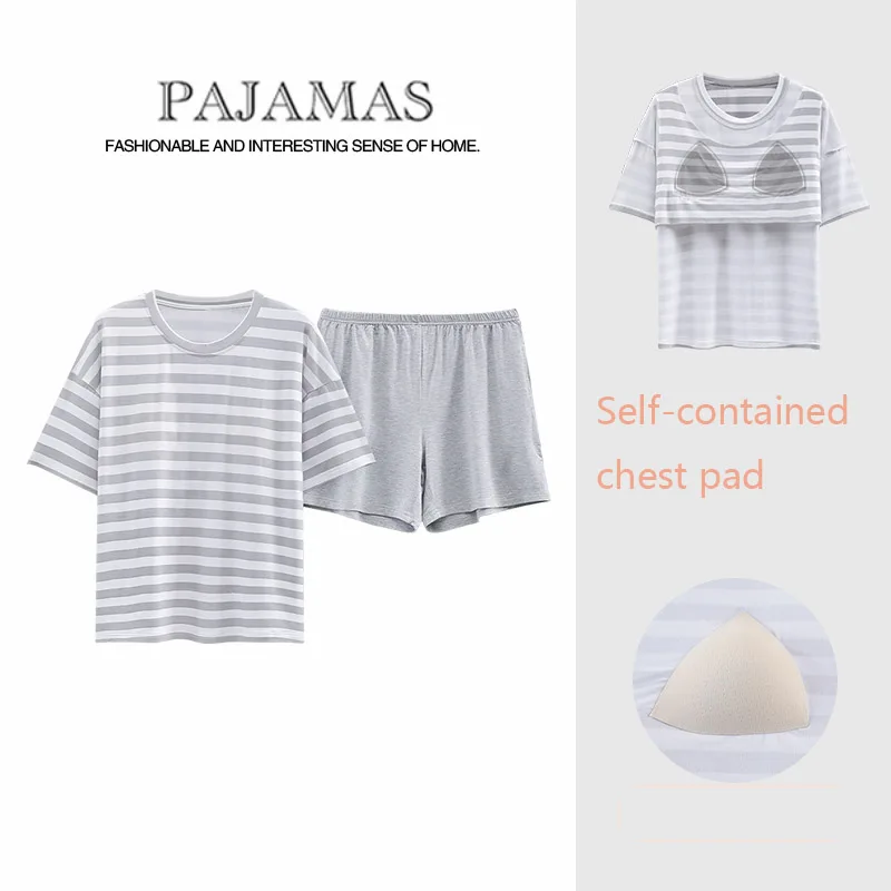 Summer thin new style silk cotton round neck pullover with chest pad women's pajamas short sleeve shorts casual simple home suit