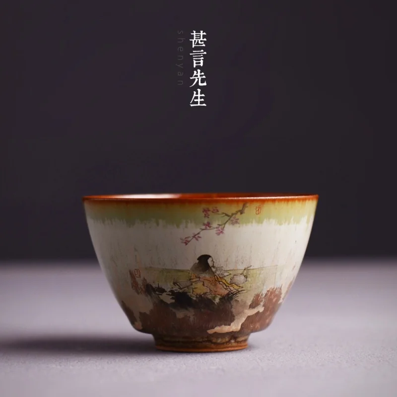 

Mr. Shi Yan Imitated Wood Fire Cup Hand Painted New Color Magnolia Green Cup High Temperature Kiln Baked Master Cup Tea Cup Tea