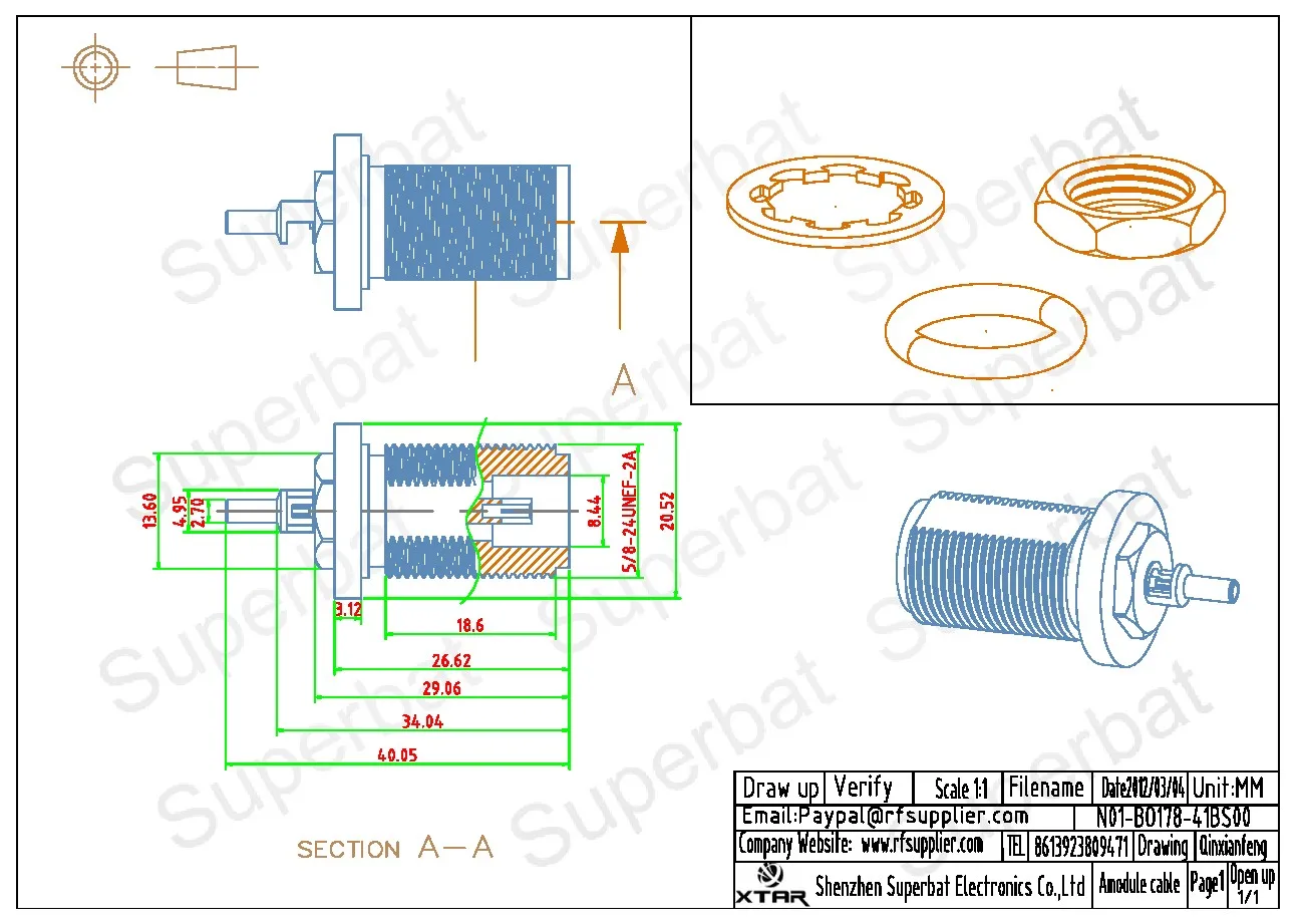 N Crimp Female Bulkhead RF Coaxial Connector for RG174 RG178 Cable