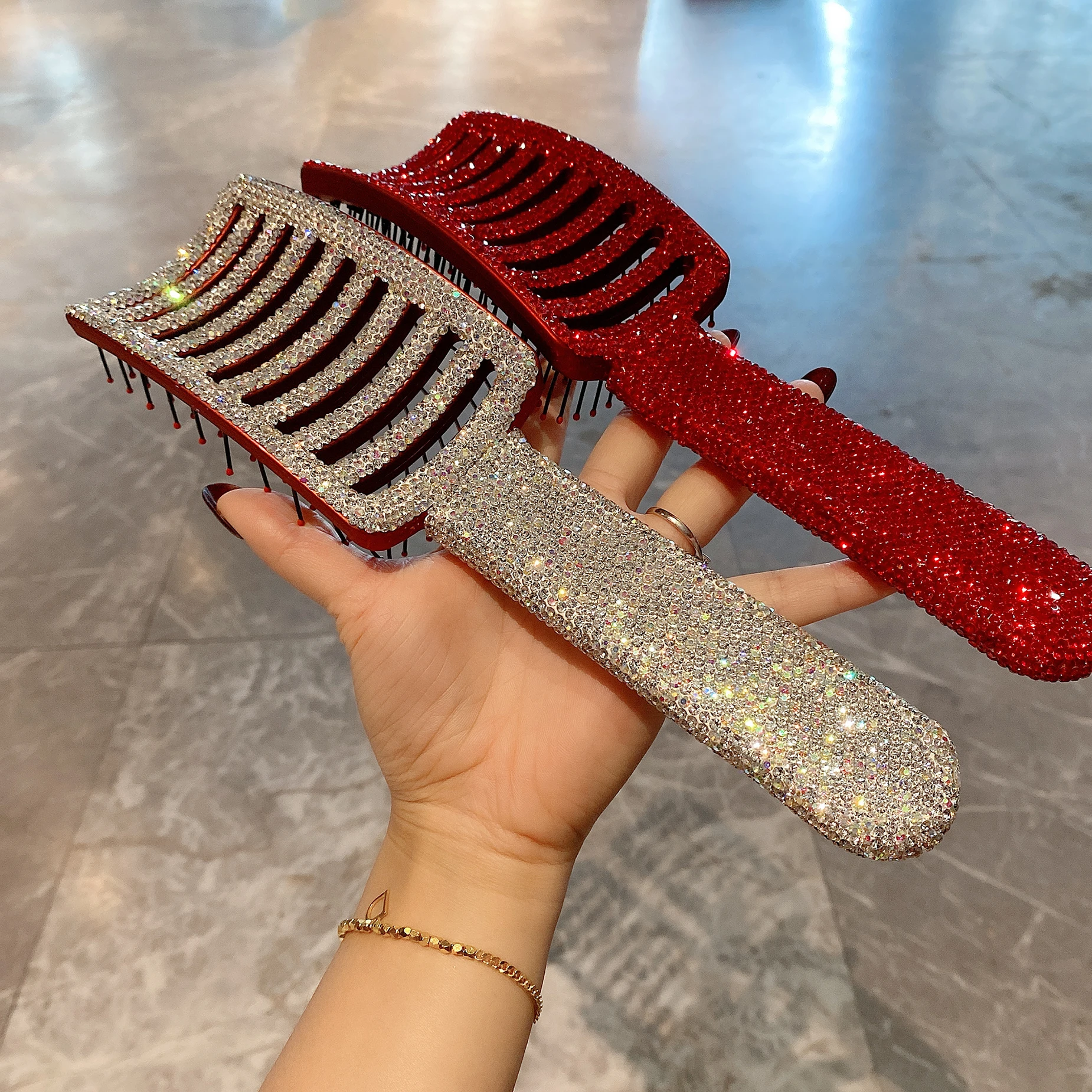 

Rhinestone Professional Ribs Comb Hairbrush Big Bent Comb Wet Dry Nylon Massage Hair Care Styling Hair Combs Hair Accessories