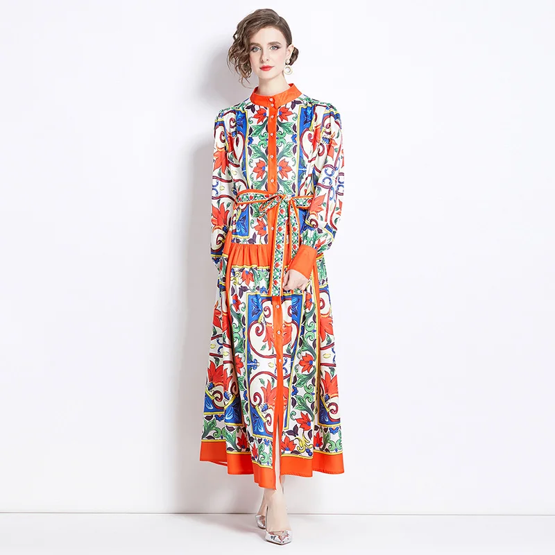 

Runway Colorblock Print Holiday Maxi Dress Women Stand Lantern Sleeve Single Breasted Loose Lace Up Belt Long Robe Vestidos 2082