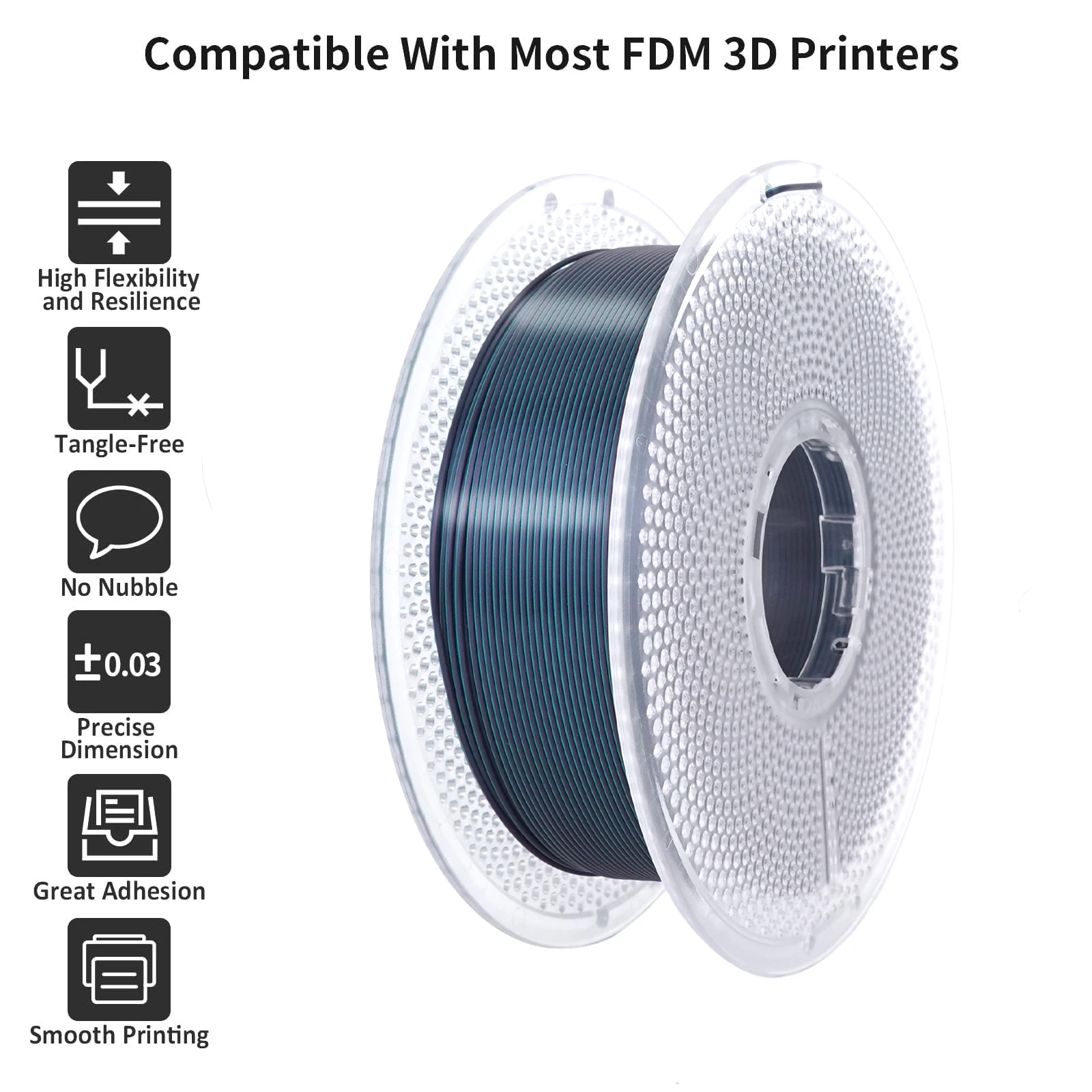 PLA 3D 프린터 필라멘트 1.75mm, 실크 광택 PLA 필라멘트, 스파클 실크 PLA, 그라데이션 듀얼 컬러 체인지(투컬러 블랙 그린, 1kg)