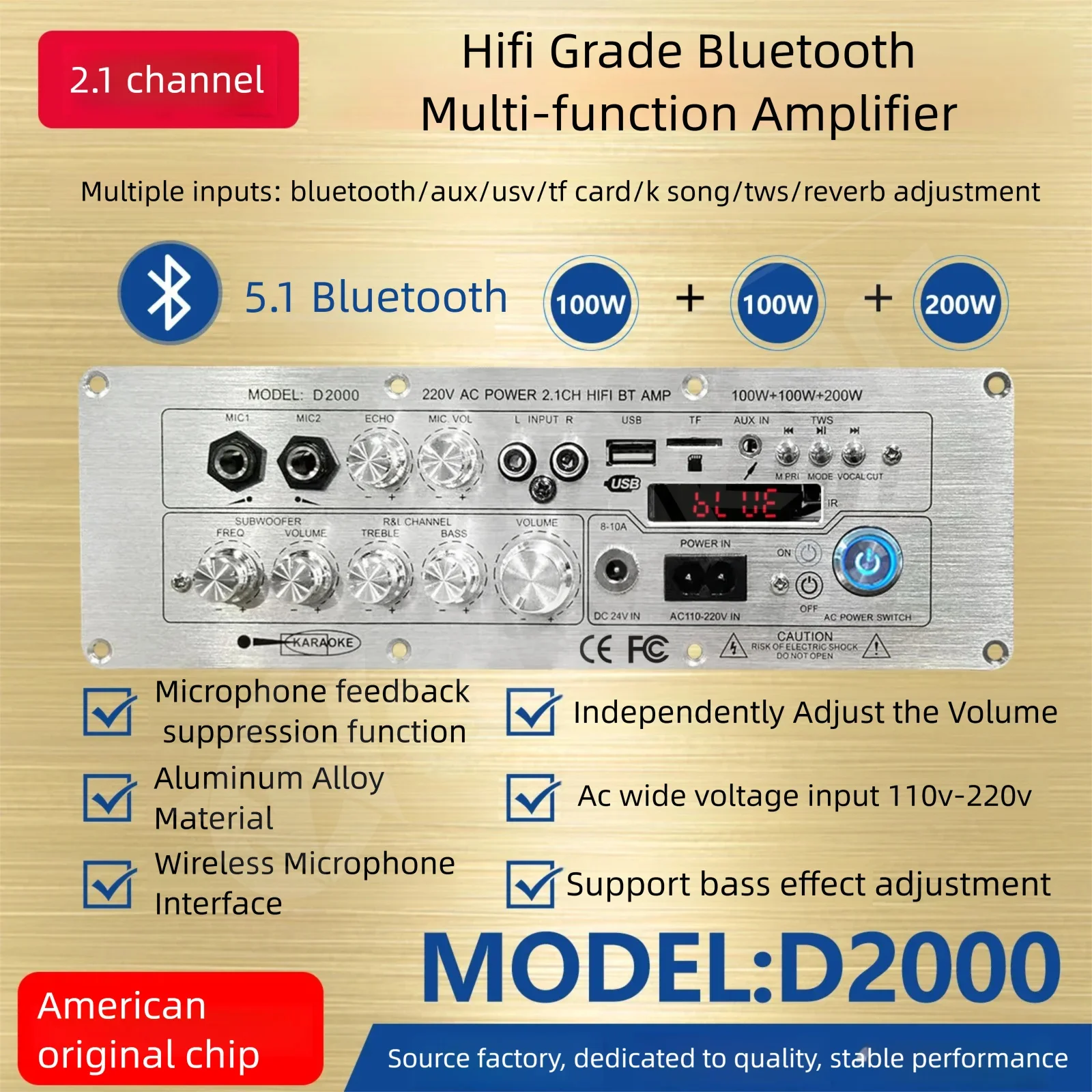 Audio Amplifier Board 100W+100W+200W Support Wireless Microphone Bluetooth5.1 Ch