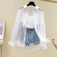 Smvp chemisiers en mousseline de soie pour femmes été mince ample boutonné crème solaire chemise femme mode coréenne nœud à lacets chemises à manches longues 4