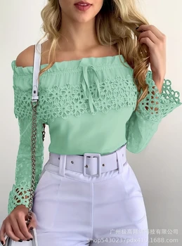 Women's Blouse Daily Casual Fashion Solid Off Shoulder Guipure Lace Frill Hem Drawstring Mesh Long Sleeve Straight Top 6