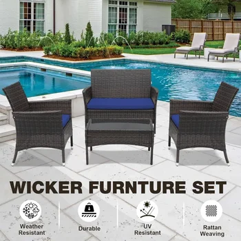 4-Piece Patio Furniture Set – Outdoor Rattan Chair & Wicker Sofa Bistro Set for Garden, Yard, Pool & Backyard Conversations 6