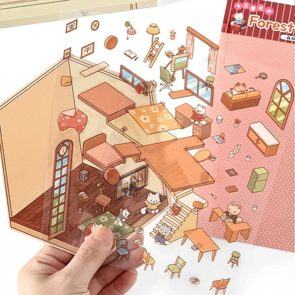 Cartoon 3D DIY Miniature Scene Sticker Pocket Cabin Scene Pasting and Stacking Festival Birthday Gift for Child Student