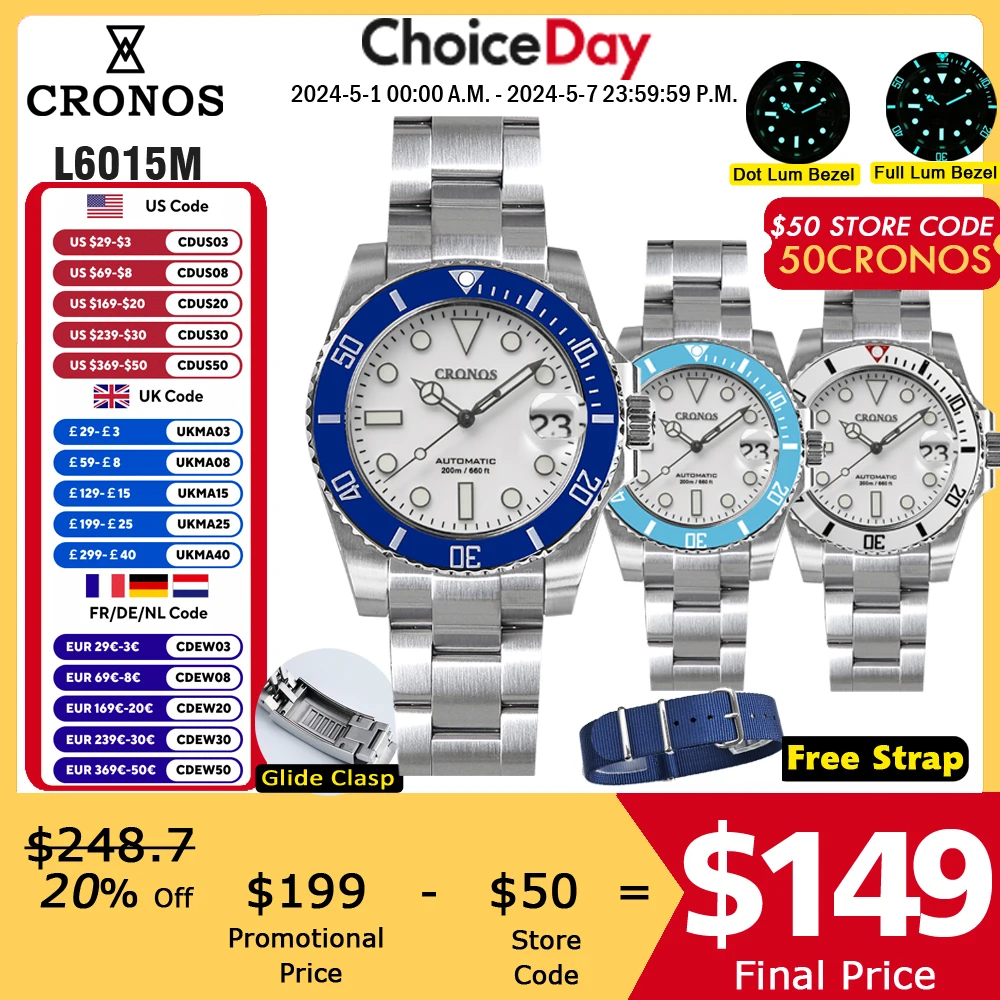 

Cronos Sub Diver Men Watch White Dial With Date NH35 Ceramic Bezel 200 meters Water Resistant Glideclasp Brushed Bracelet