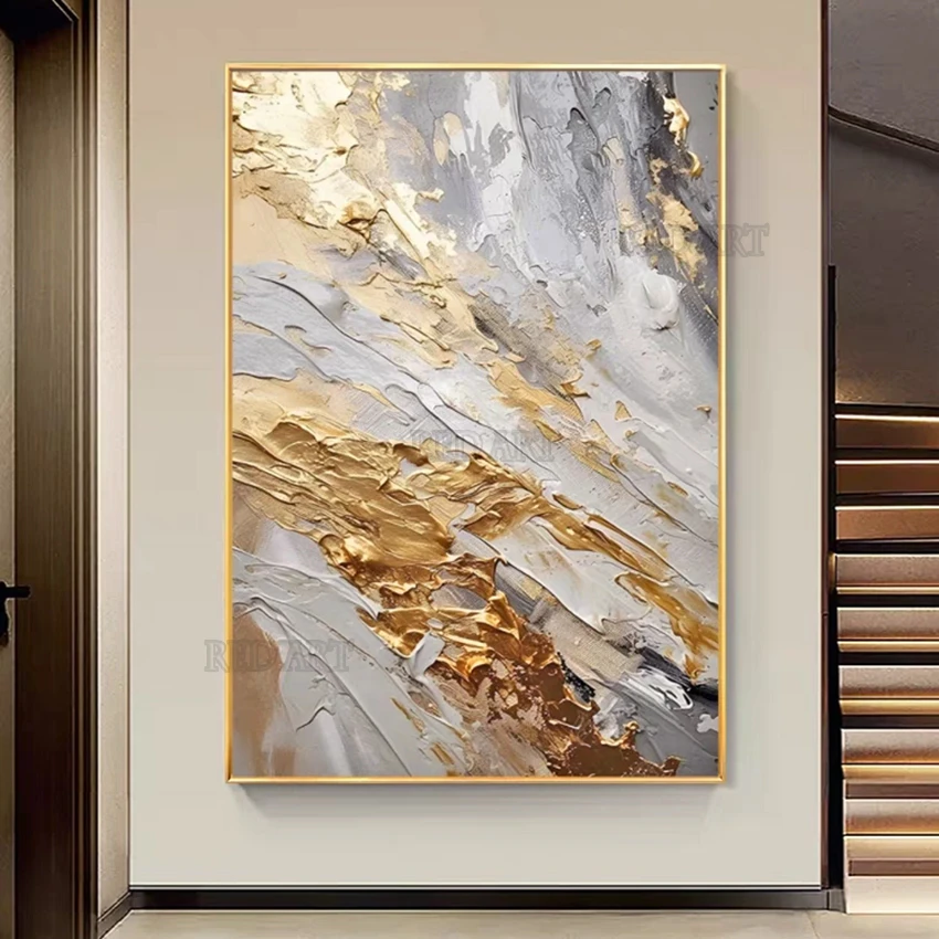Large size contemporary hand-painted abstract golden foil oil painting on canvas for bedroom home decoration unframed oil painting wall art
