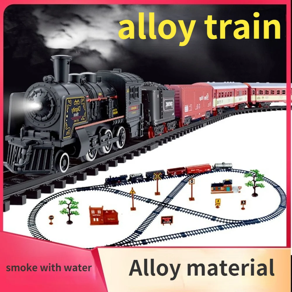 Simulation Steam Train Alloy Metal Car Track Railway Classical Train Model with Smoke Battery Operated Kids Toy Gift electric train set