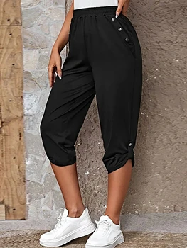 Women's Elastic Waist Crop Sweatpants Loose Fit Casual Summer Capris with Pockets Roll-Up Bottoms S-3XL