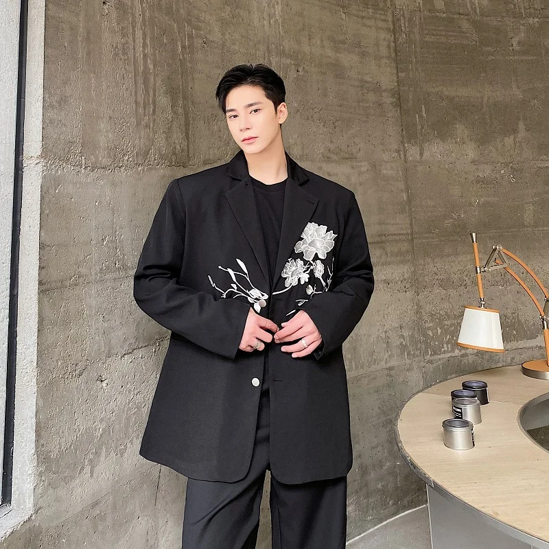 

Пион вышитый китайский стиль Свободный Повседневный костюм для мужчин певец танцор сценическое выступление праздничный костюм для вечеринки хозяйки куртка