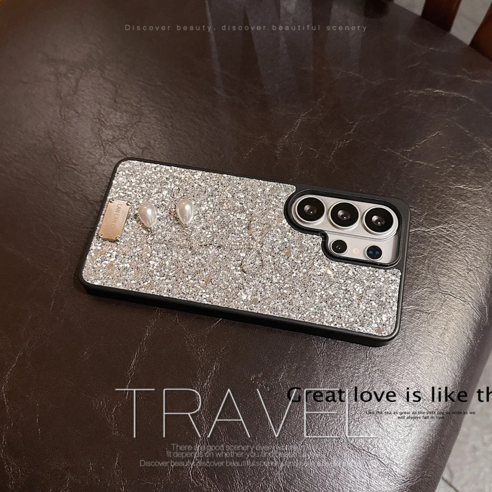 Elegant Diamond Bowknot Pearl Pendant Glitter Phone Case with Shockproof TPU Bumper
