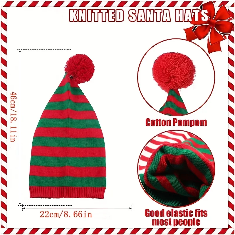 Adult Stripe Long Christmas Hat Soft Red White Green Pom Pom Knitted Hats For Women Men Elastic Warm Beanie New Year Party Gift