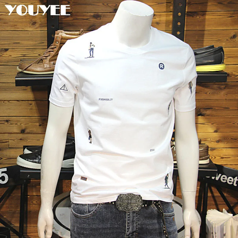 

Summer Mercerized Cotton Men's T-shirt Embroidery 2022 Slim Round Neck Elastic Short Sleeve Youth Handsome Fashion Tees Clothes
