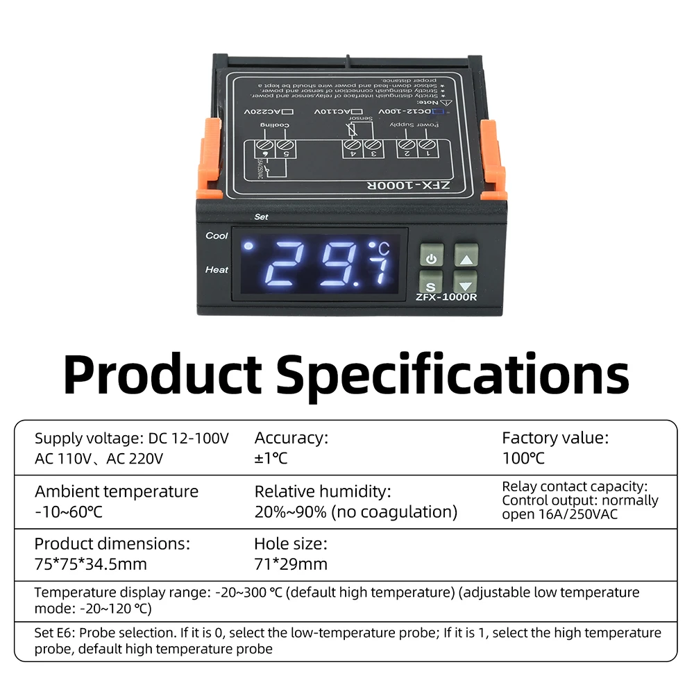 Advanced Digital Temperature Controller with Probe for Industrial Heating Incubators, 16A Thermostat Module