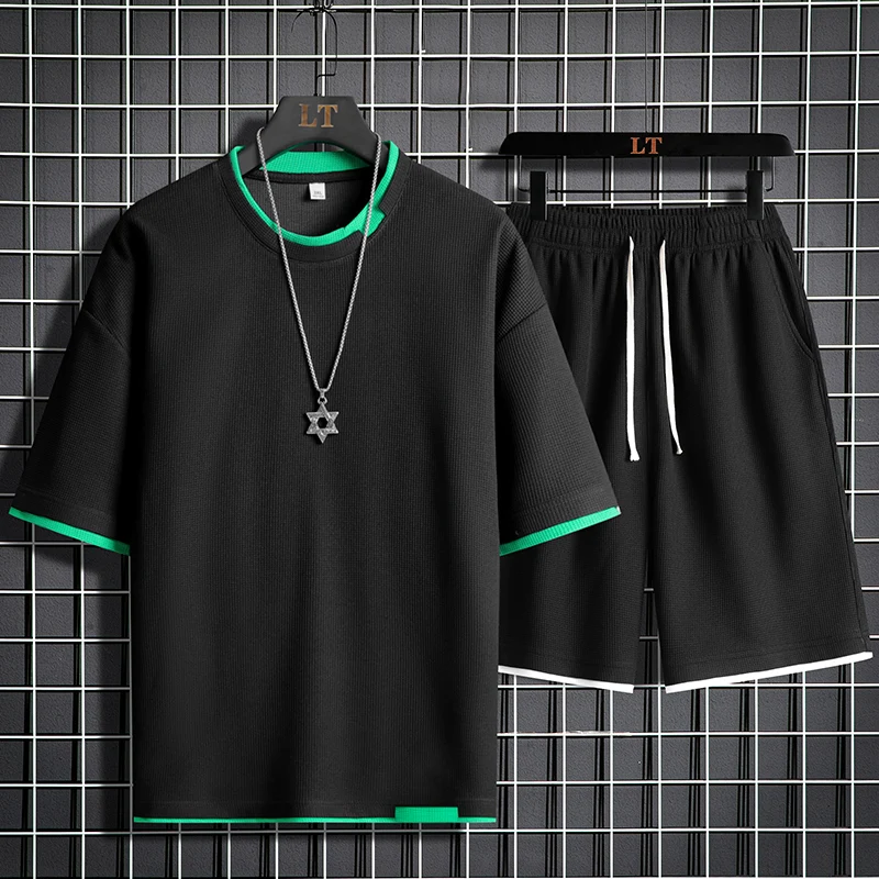 2023 Summer Mens Classic O Neck Short Sleeve Fashion Solid Color Shorts