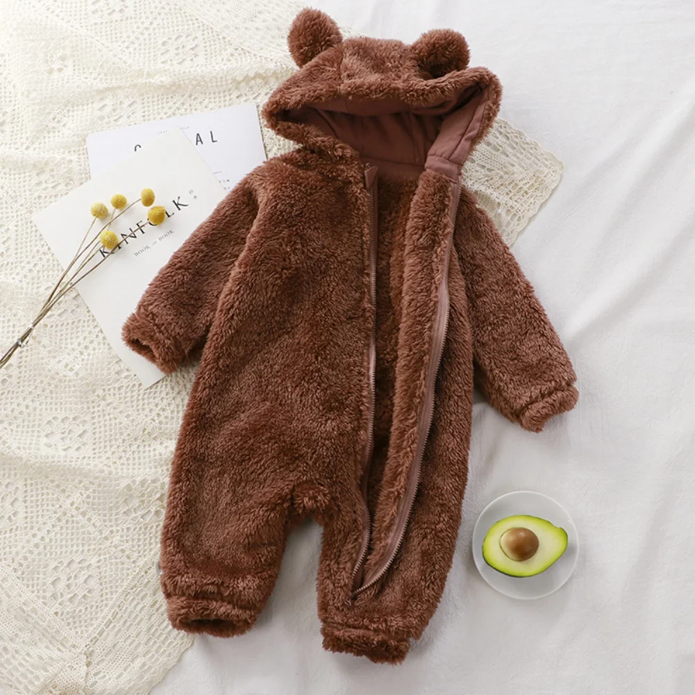 Winter Baby Rompers Girls Solid Fleece Warm Soft Bear Ear Jumpsuit Infant Hooded Long Sleeve Skin-Friendly Rompers Baby Clothes baby rompers baby jumpsuit