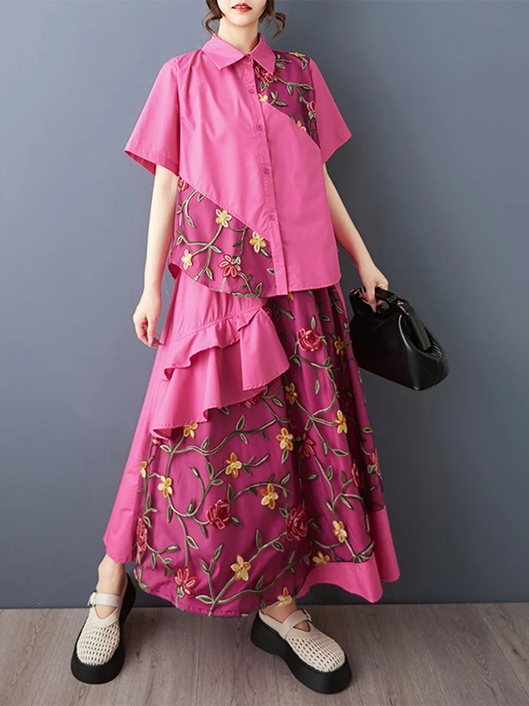 Embroidery Patchwork Summer Casual 2 Two Piece Set Short Sleeve Loose Blouse Women Shirt Top Fashion Clothing Skirt Suit 2025