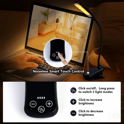 USB 충전식 책 조명, 클립 온 독서 조명, 밝기 조절 책 램프, 눈 친화적 야간 조명, 책상 램프, 16 LED, 180 ° 6