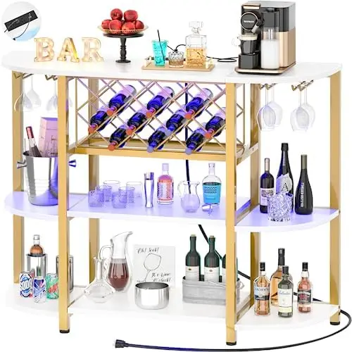 

Metal Coffee Bar Cabinet with Outlet and LED Light, Freestanding Floor Bar Table for Liquor with Glass Holder and Wine Storage,