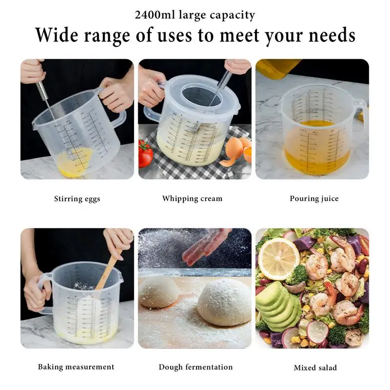 Large Measuring Cup with Lid 2400ml Splash Proof Mixing Bowl Ergonomic Handle Scale Marking Cup for Egg Salad Juice Mixing
