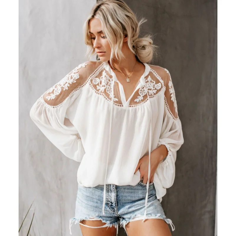 Summer Thin See Through Blouse Women Chiffon Lace Mesh Splice Tops Long Loose Pleated Sleeve Drawstring V Neck Streetwear Shirts