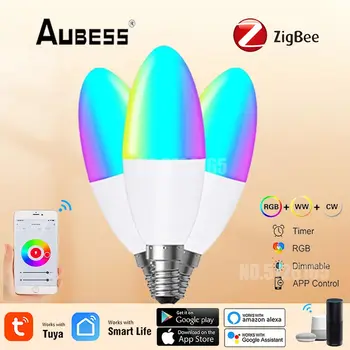TUYA Zigbee 스마트 전구, E14 RGB + CCT 100-240V, 밝기 조절 LED 전구, 음성 제어, Alexa Google Home Yandex Alice와 호환