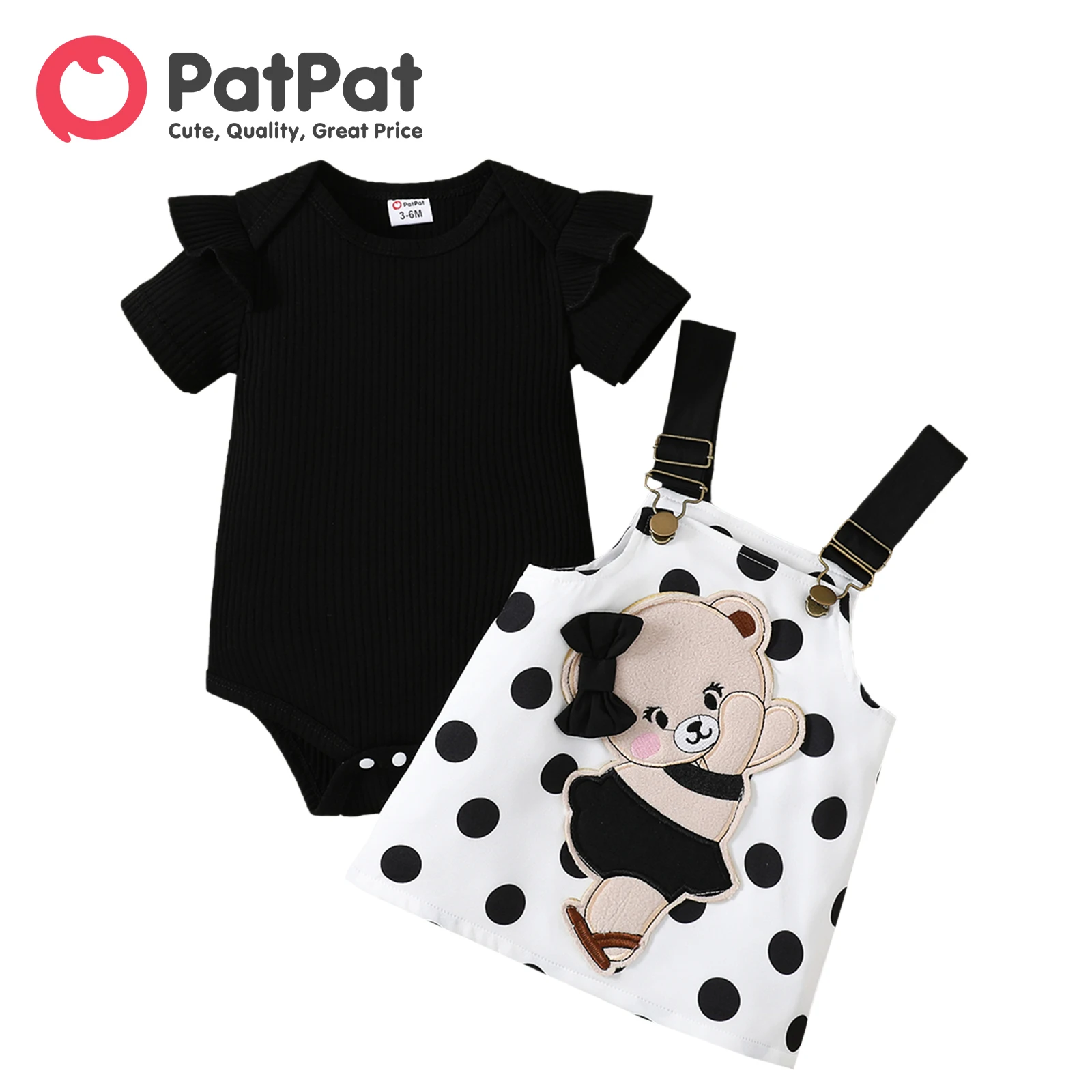 

PatPat Baby Dresses 2pcs Baby Girl 95% Cotton Ruffle Trim Short-sleeve Romper and Bear Graphic Polka Dots Overall Dress Sets