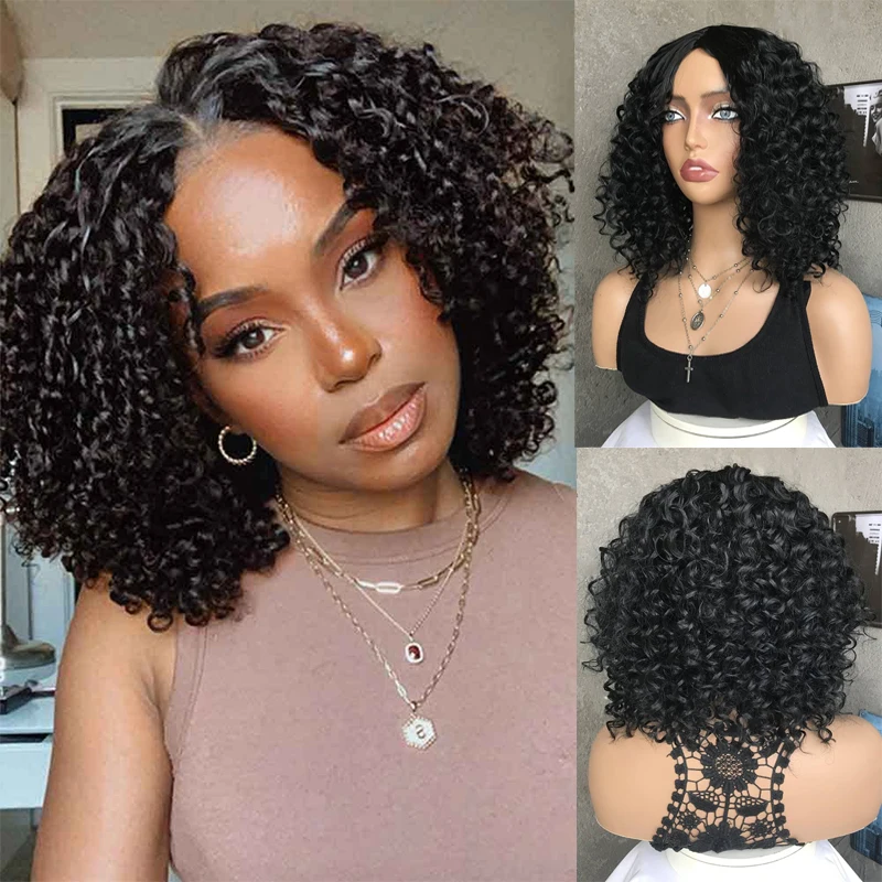 

Short Black Afro Kinky Curl Bob Synthetic Wig For Women Middle Part Afro Curl Fluffy Hair Heat Resistant Fiber Cosplay Daily Wig