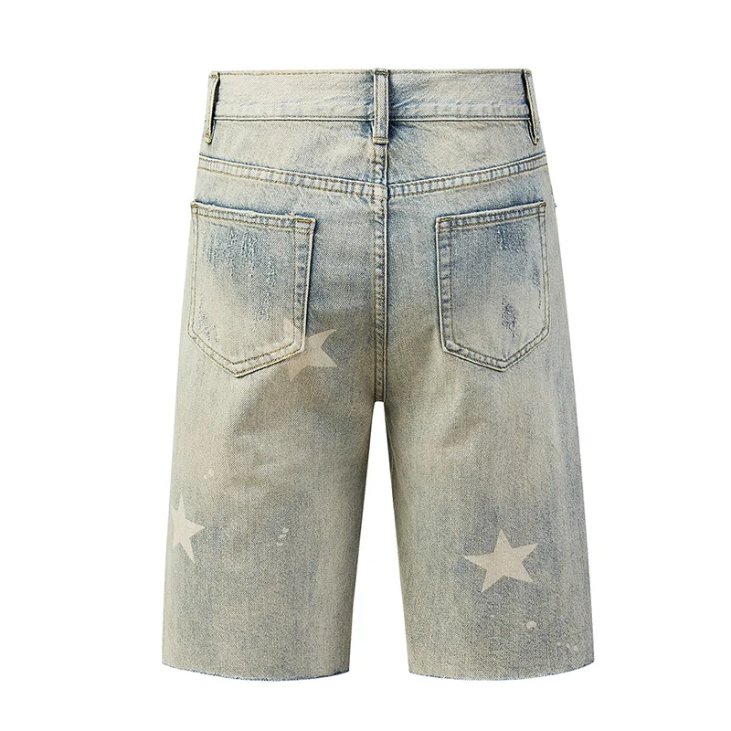 Summer Vintage Denim Shorts, Men's Retro Washed Knee Length Pants, High Street Thin Star Print Shorts