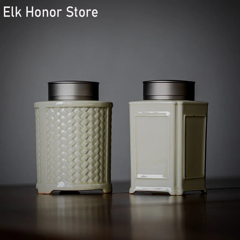 

Honey Glaze Embossed Tea Pot Ceramic Tea Warehouse Household Pu'er Tea Moisture-proof Storage Pot Double Tin Cover Sealed Jars