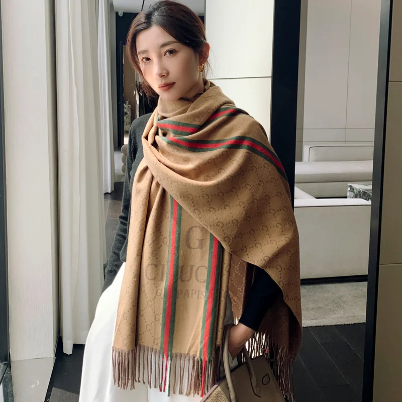 Bufanda de Cachemira a rayas de doble para mujer, chal cálido alargado y grueso para el cuello, invierno, 2022 _ - Mobile